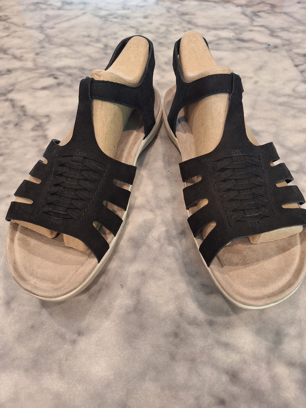 EARTH ORIGINS 12M Black Strappy Sandals with Soft Beige Suede Footbed